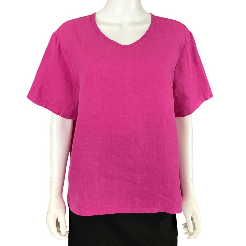 Bryn Walker Linen Boxy Tunic Top sz S Hot Pink Short Sleeve Oversized Lagenlook